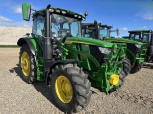 2023 John Deere 6R 120 tractor with enclosed cab and front linkage, viewed from the front and side.