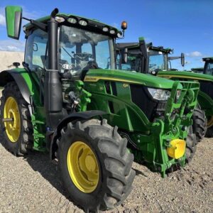 2023 John Deere 6R 120 tractor with enclosed cab and front linkage, viewed from the front and side.
